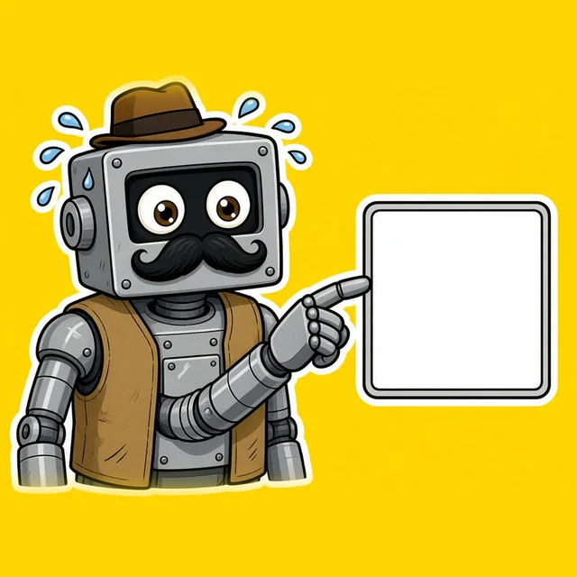 A chunky robot in a fake mustache and fedora pointing at an empty checkbox
